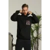 Erkek 3 İplik Pamuklu Kapüşonlu Baskılı Cepli Oversize Sweatshirt Hoodie - Siyah
