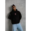 Erkek Kapüşonlu Kanguru Cepli Sweatshirt 3 İplik Pamuklu Baskılı Hoodie - Siyah