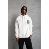 Erkek 3 İplik Pamuklu Kapüşonlu Baskılı Cepli Oversize Sweatshirt Hoodie - Beyaz