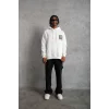 Erkek 3 İplik Pamuklu Kapüşonlu Baskılı Cepli Oversize Sweatshirt Hoodie - Beyaz