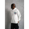 Erkek 3 İplik Pamuklu Kapüşonlu Baskılı Cepli Oversize Sweatshirt Hoodie - Beyaz