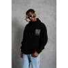 Erkek 3 İplik Pamuklu Kapüşonlu Baskılı Cepli Oversize Sweatshirt Hoodie - Siyah
