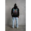 Erkek 3 İplik Pamuklu Kapüşonlu Baskılı Cepli Oversize Sweatshirt Hoodie - Siyah