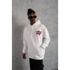 Erkek 3 İplik Pamuklu Kapüşonlu Baskılı Cepli Oversize Sweatshirt Hoodie - Beyaz