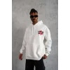 Erkek 3 İplik Pamuklu Kapüşonlu Baskılı Cepli Oversize Sweatshirt Hoodie - Beyaz