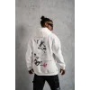 Erkek 3 İplik Pamuklu Kapüşonlu Baskılı Cepli Oversize Sweatshirt Hoodie - Beyaz