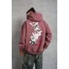 Erkek 3 İplik Pamuklu Kapüşonlu Baskılı Cepli Oversize Sweatshirt Hoodie - Gül Kurusu