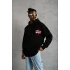Erkek 3 İplik Pamuklu Kapüşonlu Baskılı Cepli Oversize Sweatshirt Hoodie - Siyah