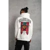 Erkek 3 İplik Pamuklu Kapüşonlu Baskılı Cepli Oversize Sweatshirt Hoodie - Beyaz