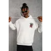Erkek 3 İplik Pamuklu Kapüşonlu Baskılı Cepli Oversize Sweatshirt Hoodie - Beyaz