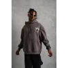 Erkek 3 İplik Pamuklu Kapüşonlu Baskılı Cepli Oversize Sweatshirt Hoodie - Gri