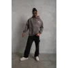 Erkek 3 İplik Pamuklu Kapüşonlu Baskılı Cepli Oversize Sweatshirt Hoodie - Gri