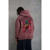 Erkek 3 İplik Pamuklu Kapüşonlu Baskılı Cepli Oversize Sweatshirt Hoodie - Gül Kurusu