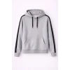 Erkek Şeritli Kapüşonlu Sweatshirt Oversize 3 iplik Pamuklu Hoodie - Gri