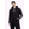 Erkek Şeritli Kapüşonlu Sweatshirt Oversize 3 iplik Pamuklu Hoodei - Siyah