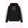 Erkek Şeritli Kapüşonlu Sweatshirt Oversize 3 iplik Pamuklu Hoodei - Siyah