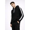 Erkek Şeritli Kapüşonlu Sweatshirt Oversize 3 iplik Pamuklu Hoodie - Siyah