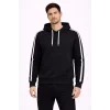 Erkek Şeritli Kapüşonlu Sweatshirt Oversize 3 iplik Pamuklu Hoodei - Siyah