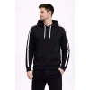 Erkek Şeritli Kapüşonlu Sweatshirt Oversize 3 iplik Pamuklu Hoodei - Siyah