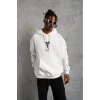 BErkek 3 İplik Pamuklu Kapüşonlu Baskılı Cepli Oversize Sweatshirt Hoodie - eyaz