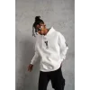 BErkek 3 İplik Pamuklu Kapüşonlu Baskılı Cepli Oversize Sweatshirt Hoodie - eyaz