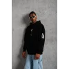 Erkek 3 İplik Pamuklu Kapüşonlu Kanguru Cepli Baskılı Oversize Hoodie Sweatshirt - Siyah