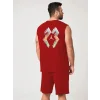 Erkek Sırt Baskılı Sıfır Kol İkili Şort Alt-Üst Takım - Kırmızı