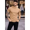 Erkek T-Shirt Bisiklet Yaka Slim Fit dar kesim Likralı Tişört Günlük Basic Body - Kahverengi