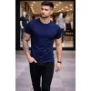 Erkek T-Shirt Bisiklet Yaka Slim Fit dar kesim Likralı Tişört Günlük Basic Body - Lacivert
