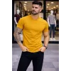 Erkek T-Shirt Bisiklet Yaka Slim Fit dar kesim Likralı Tişört Günlük Basic Body - Limon