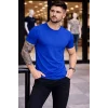 Erkek T-Shirt Bisiklet Yaka Slim Fit dar kesim Likralı Tişört Günlük Basic Body - Saks Mavisi