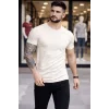 Erkek T-Shirt Bisiklet Yaka Slim Fit dar kesim Likralı Tişört Günlük Basic Body - Taş