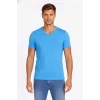 Erkek T-Shirt V Yaka Slim Fit dar kesim Likralı Tişört Günlük Basic Body - Açık Mavi