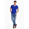 Erkek T-Shirt V Yaka Slim Fit dar kesim Likralı Tişört Günlük Basic Body - Saks Mavisi
