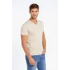 Erkek T-Shirt V Yaka Slim Fit dar kesim Likralı Tişört Günlük Basic Body - Taş