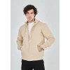 Erkek 3 İplik Pamuklu Kapüşonlu Tam Fermuarlı Cepli Hoodie Sweatshirt - Bej