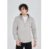 Erkek 3 İplik Pamuklu Kapüşonlu Tam Fermuarlı Cepli Hoodie Sweatshirt - Boyalı Gri