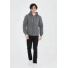 Erkek 3 İplik Pamuklu Kapüşonlu Tam Fermuarlı Cepli Hoodie Sweatshirt - Füme