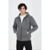 Erkek 3 İplik Pamuklu Kapüşonlu Tam Fermuarlı Cepli Hoodie Sweatshirt - Füme