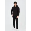 Erkek 3 İplik Pamuklu Kapüşonlu Tam Fermuarlı Cepli Hoodie Sweatshirt - Siyah