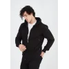 Erkek 3 İplik Pamuklu Kapüşonlu Tam Fermuarlı Cepli Hoodie Sweatshirt - Siyah