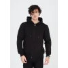 Erkek 3 İplik Pamuklu Kapüşonlu Tam Fermuarlı Cepli Hoodie Sweatshirt - Siyah