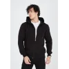 Erkek 3 İplik Pamuklu Kapüşonlu Tam Fermuarlı Cepli Hoodie Sweatshirt - Siyah