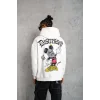 Erkek 3 İplik Pamuklu Kapüşonlu Baskılı Cepli Oversize Sweatshirt Hoodie - Beyaz