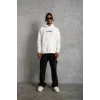 Erkek 3 İplik Pamuklu Kapüşonlu Baskılı Cepli Oversize Sweatshirt Hoodie - Beyaz