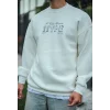Erkek 3 İplik Pamuklu Bisiklet Yaka Baskılı SweatShirt - Beyaz