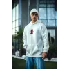 Erkek Kapüşonlu Kanguru Cepli Sweatshirt 3 İplik Pamuklu Baskılı Hoodie -  Beyaz