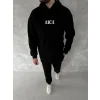 Erkek Kapüşonlu Kanguru Cepli Sweatshirt 3 İplik Pamuklu Baskılı Hoodie -  Siyah