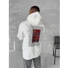 Erkek Kapüşonlu Kanguru Cepli Sweatshirt 3 İplik Pamuklu Baskılı Hoodie - Beyaz