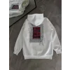 Erkek Kapüşonlu Kanguru Cepli Sweatshirt 3 İplik Pamuklu Baskılı Hoodie - Beyaz